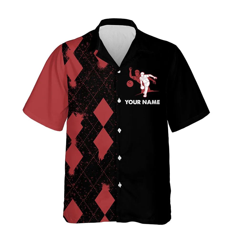 Custom Hawaiian Bowling Shirt, Personalized Name Red&Black Bowler Team Jersey for Bowling Lovers