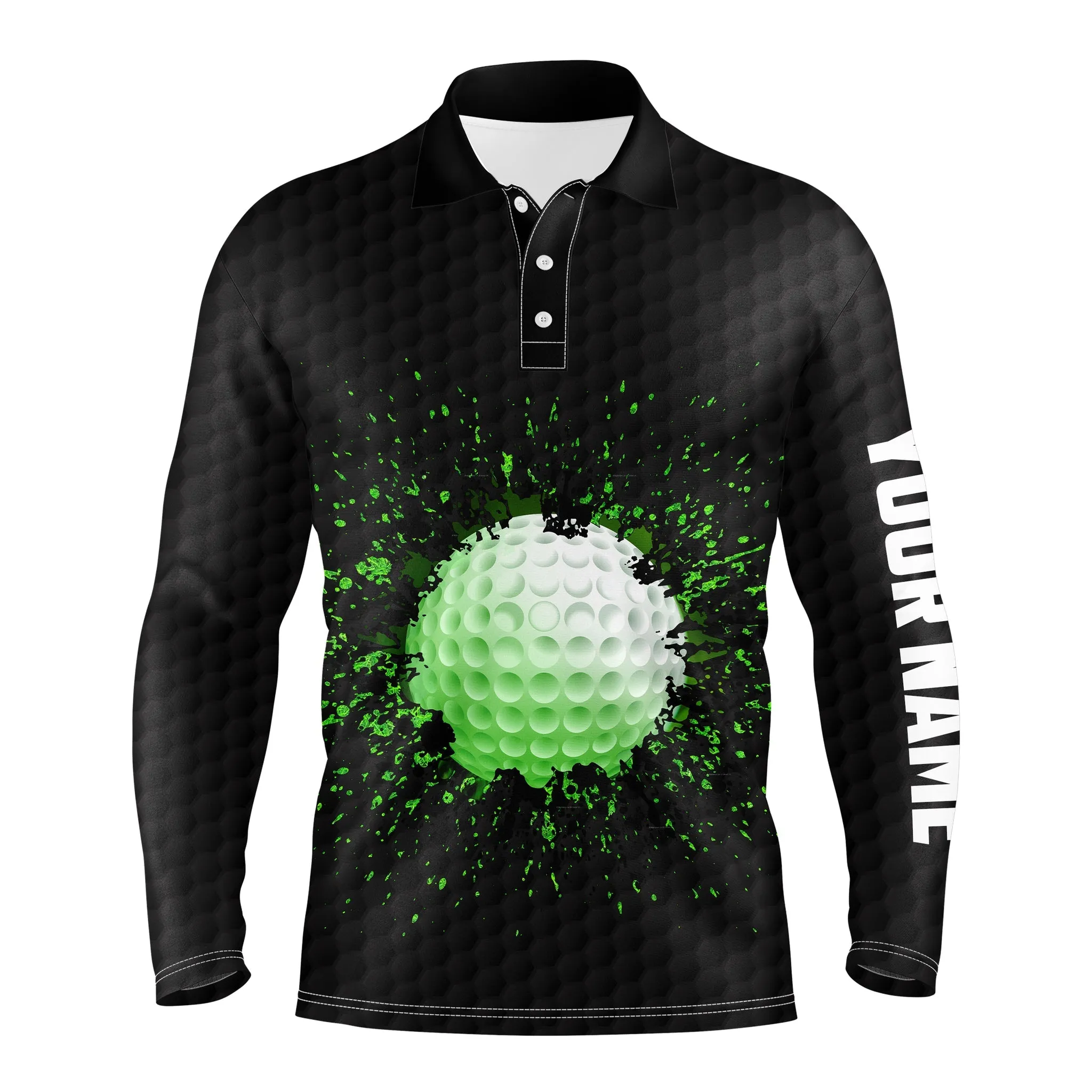 Long Sleeve Golf Polo Shirts For Mens Custom Name Black Splatter Golf Shirts, Gifts For The Golfer